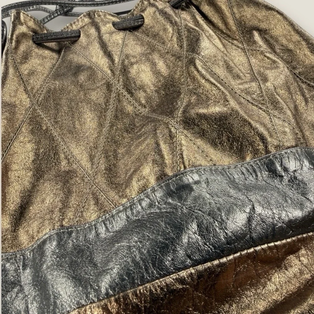 Vintage Letisse Metallic Gold Bronze Leather Bucket Bag Drawstring Quilted‎ 80s